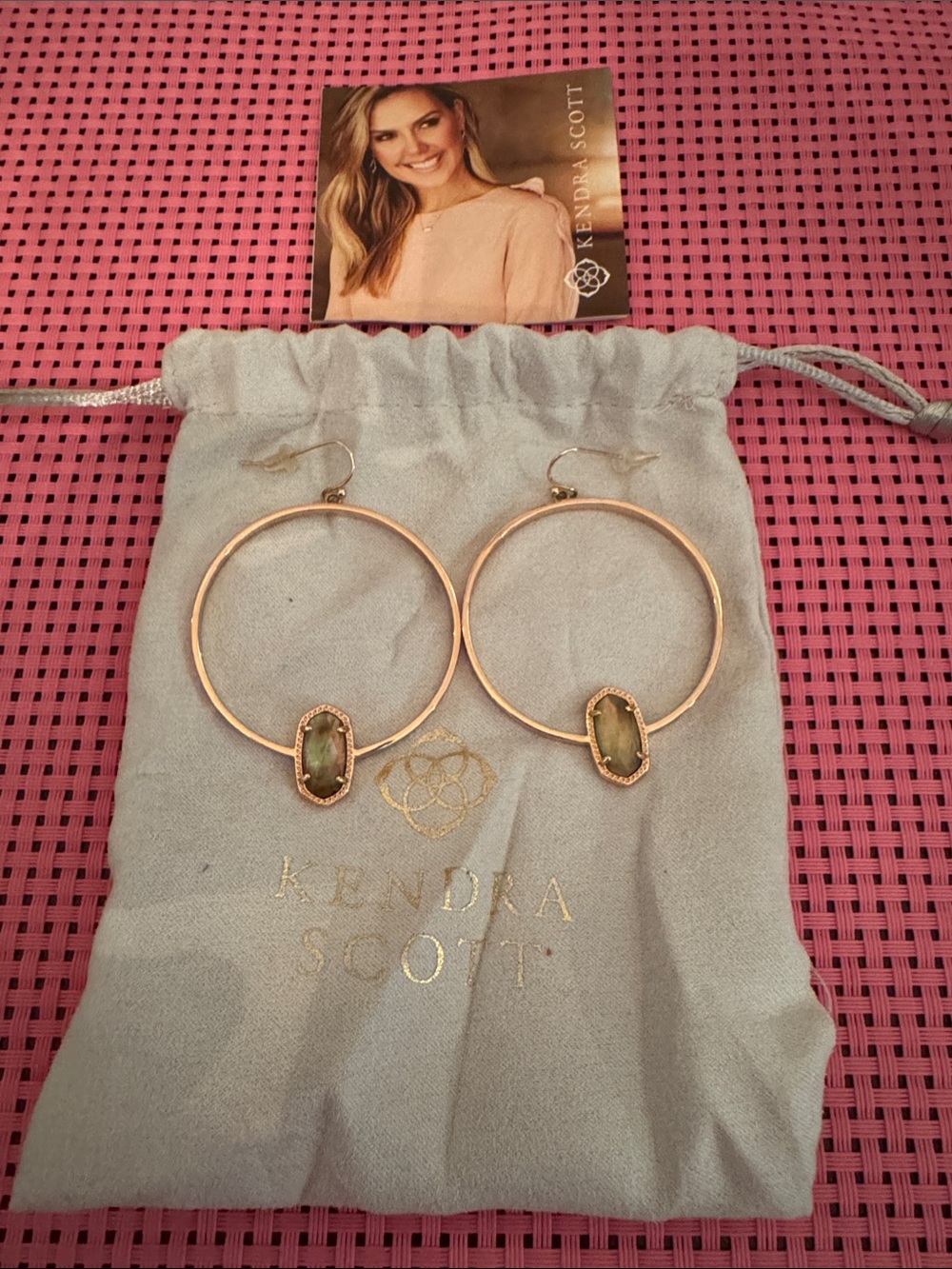 Kendra Scott Elora Rose Gold Hoop Earrings with Olive Green Stone